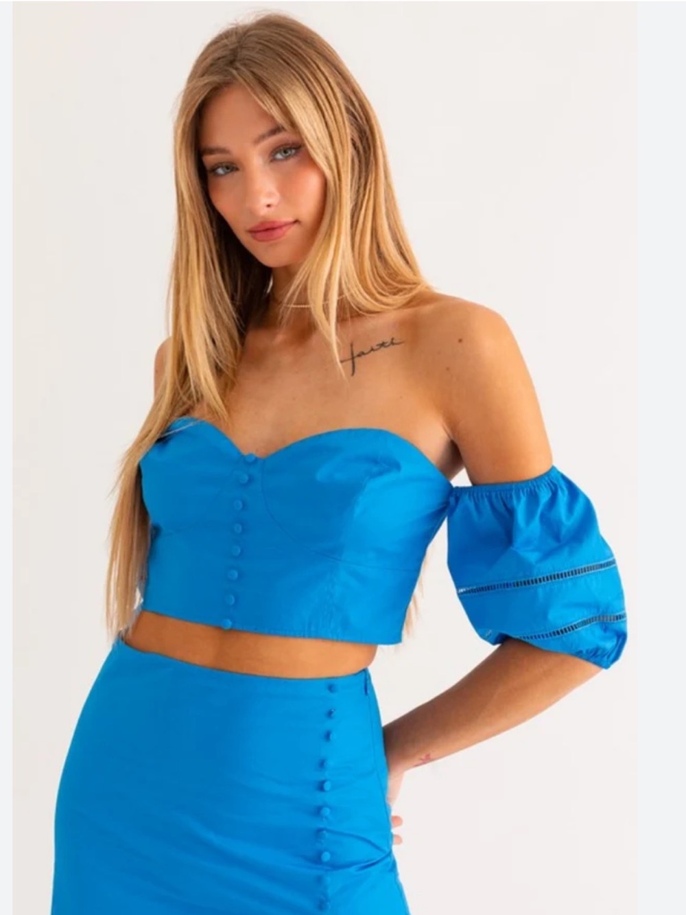 NWT Le Lis Bright Blue Off-Shoulder Crop Top & Skirt Set